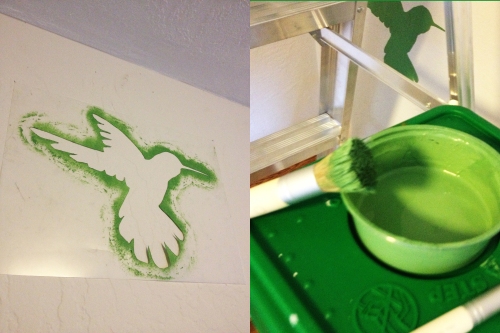 I used repositionable spray adhesive to keep the stencils on the wall and classic stencil brushes with a small amount of paint to make it a clean and precise job.  It is better to do two light coats with a stencil than to risk getting any paint under the edges.  